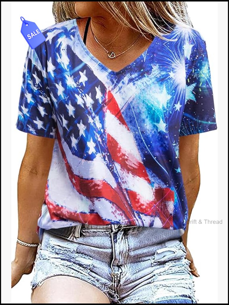 Patriotic Usa V-Neck T-Shirt With Stars Stripes Print
